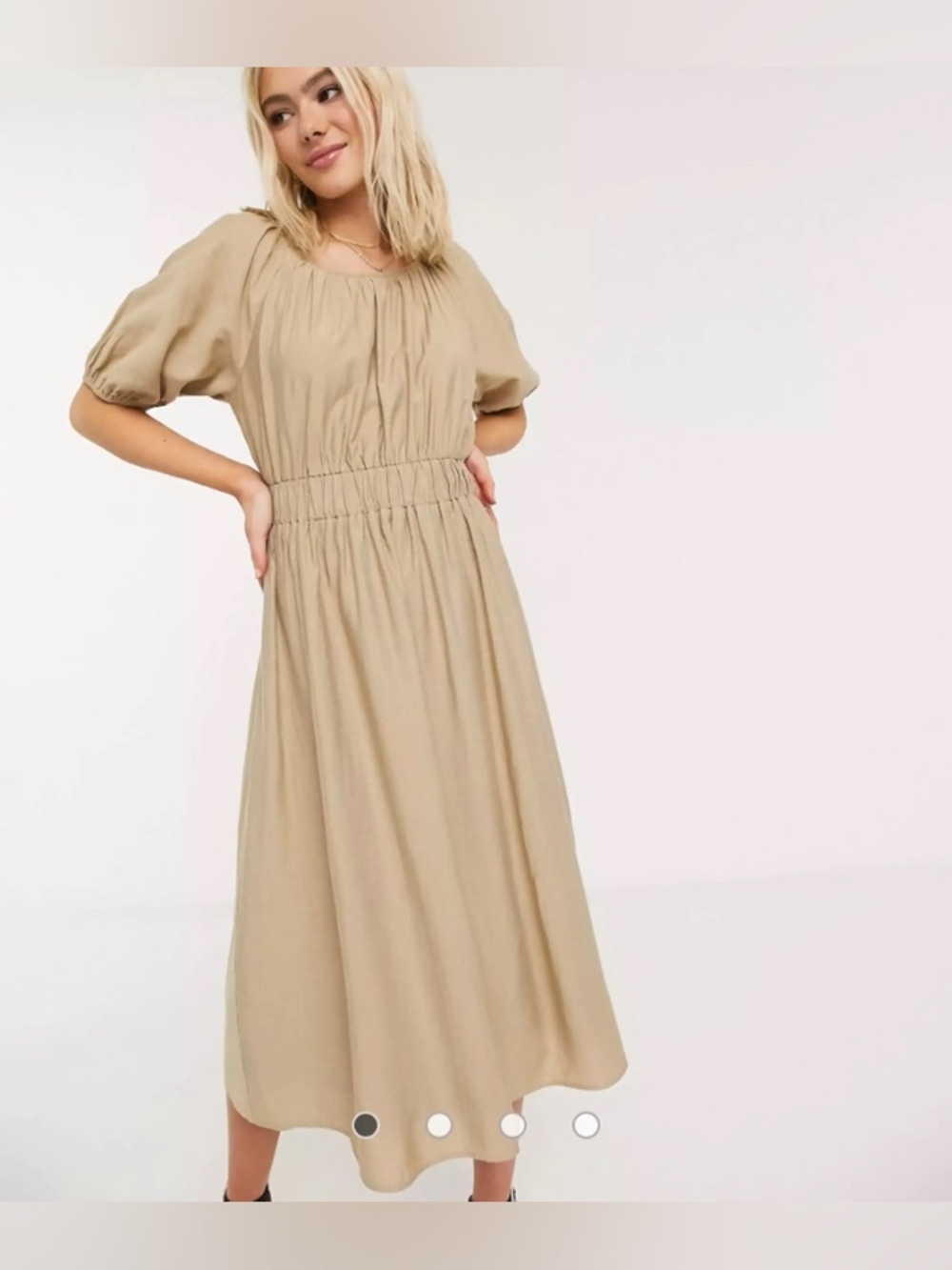 Moon River Beige Puff Sleeve Open Back Midi Dress NWT Size M